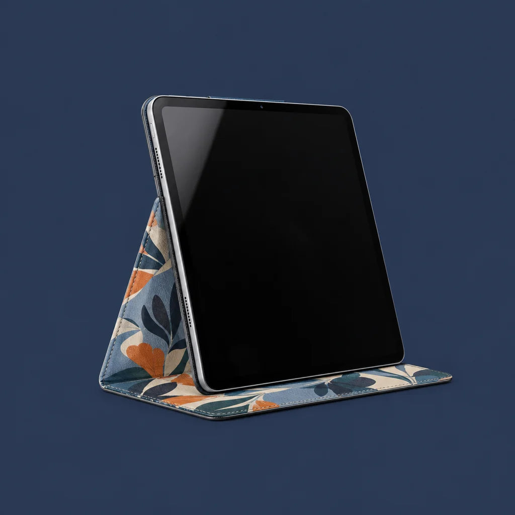 Tablet and iPad folio case printed with a blue and orange botanical design, folded back into a stand
